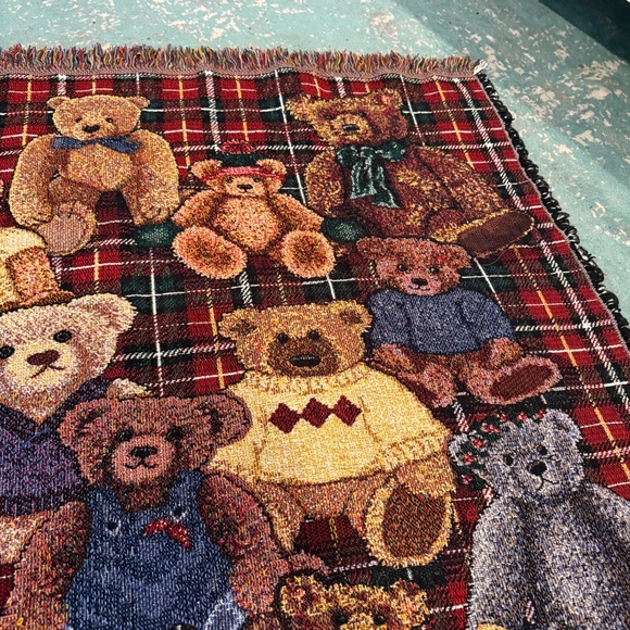 Vintage Teddy Bear Woven Blanket Tapestry Plaid Fringe Throw Cozy Decor - Picture 6 of 13
